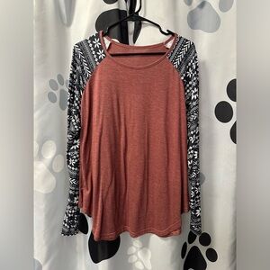 SHEIN Curve, Long Sleeve Raglan Tee, Maroon, Black & White, Size 3XL